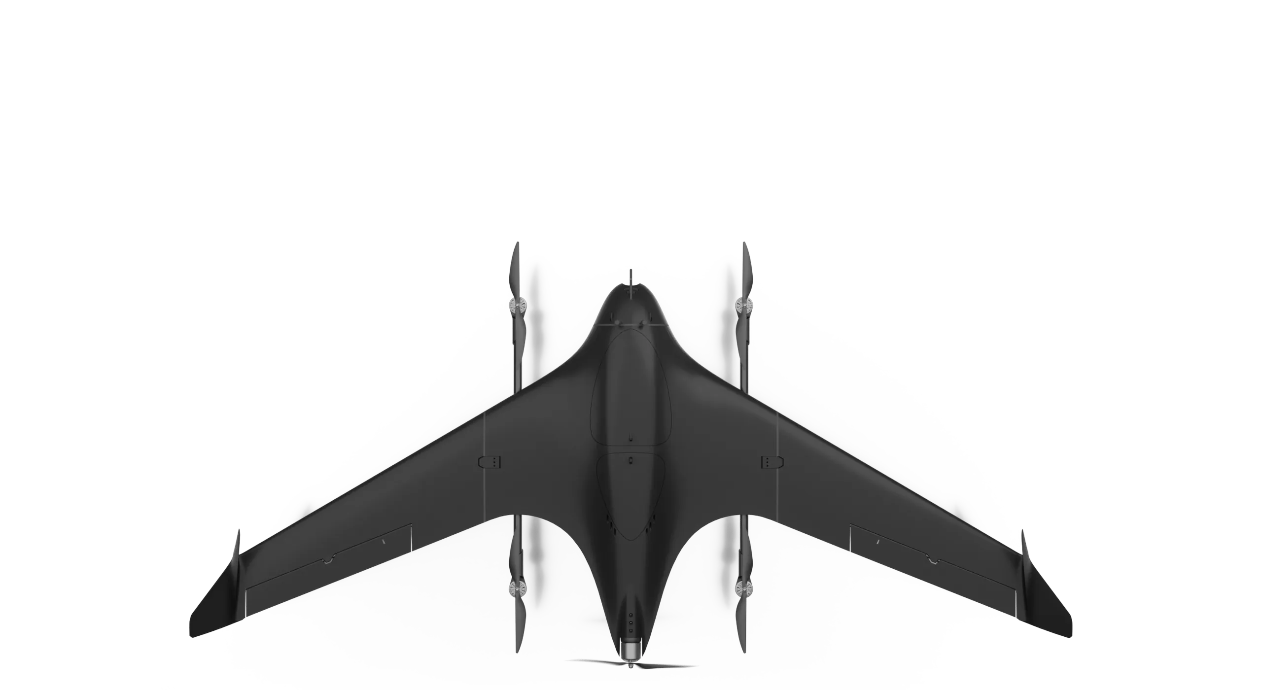 TerraHawk FPV seen from directly above, showing the blended-wing planform, the four lift rotors paired on two booms and the pusher propeller at the tail.