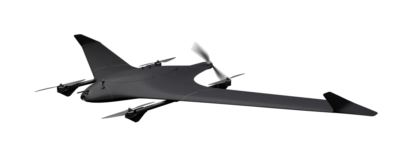 TerraHawk FPV from a low front three-quarter with the pusher propeller turning, showing how slim the blended-wing body is from the side