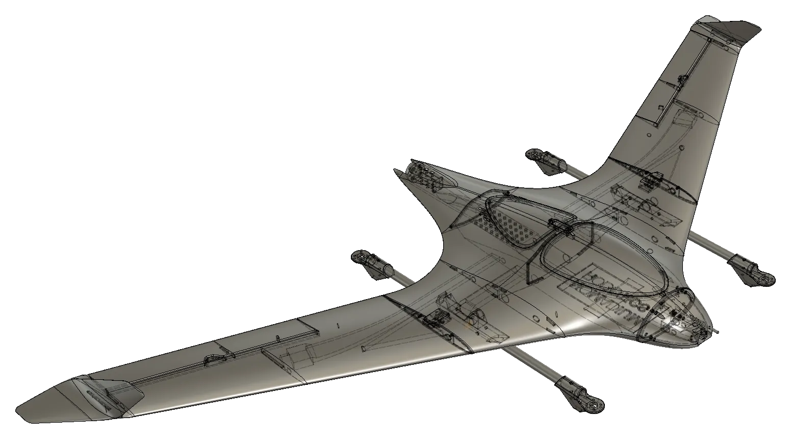 Engineering view of the TerraHawk FPV airframe from above and to one side, showing the internal structure through the skin, the four lift motor booms and the swept tail