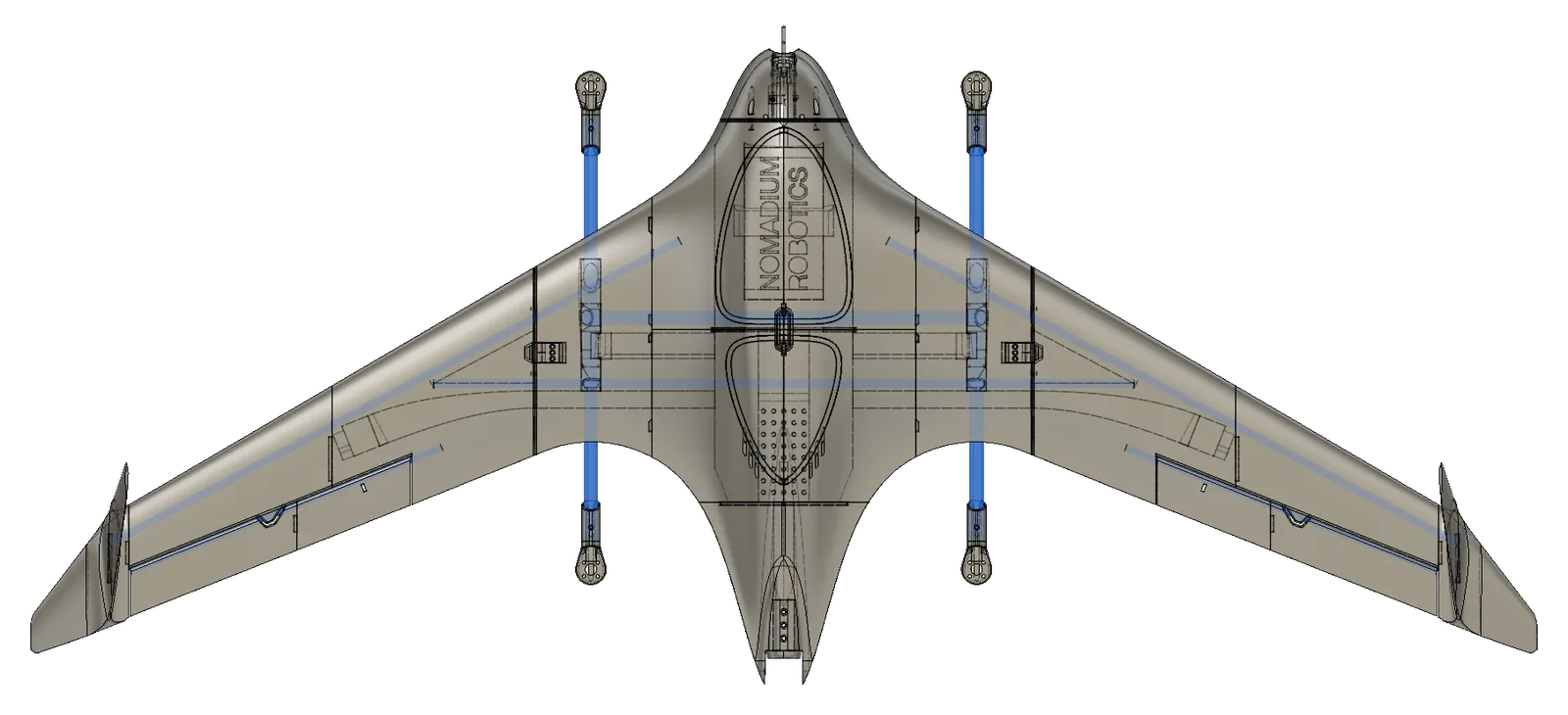Orthographic top view of the TerraHawk FPV airframe, showing the carbon spar system in blue running the full span through the wing, the four lift motors on their booms and the pusher at the tail