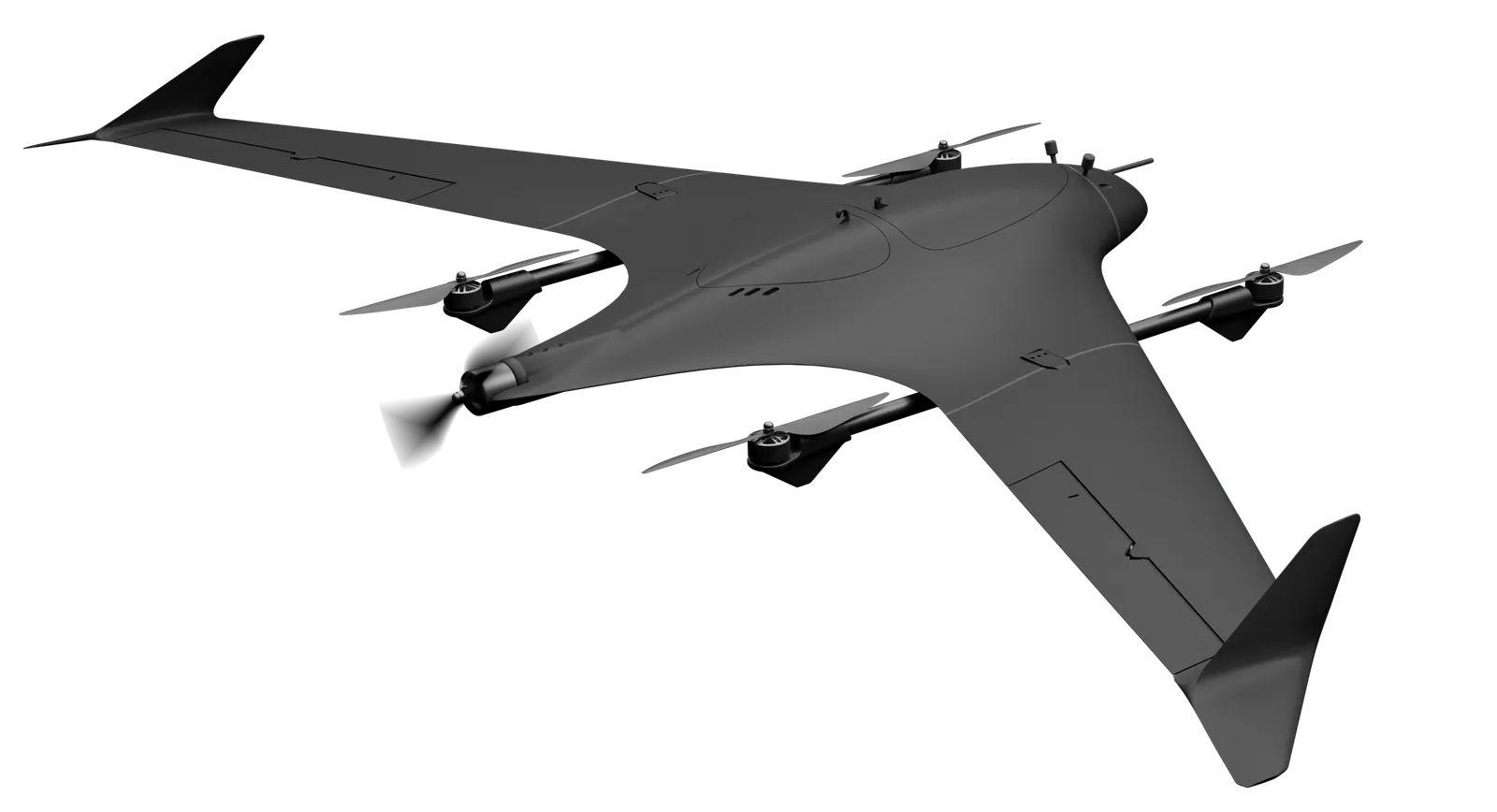 TerraHawk FPV seen from above and ahead, showing the blended-wing body, the four lift rotors on their booms and the swept tail
