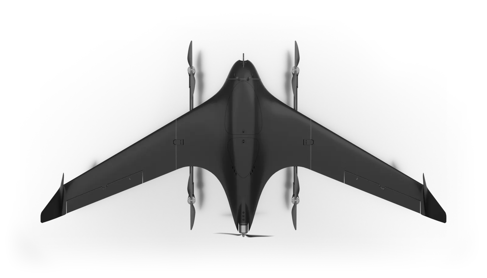 TerraHawk FPV blended-wing airframe seen from directly above, showing the planform, the four lift rotors and the low-aspect-ratio wing